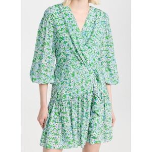 Shoshanna Womens Green Floral Nicola Mini Dress Surplice Drop Waist Ruffle 4‎